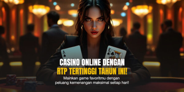 Dealer wanita di meja kasino memegang kartu, mewakili suasana jackpot casino dengan RTP tinggi.